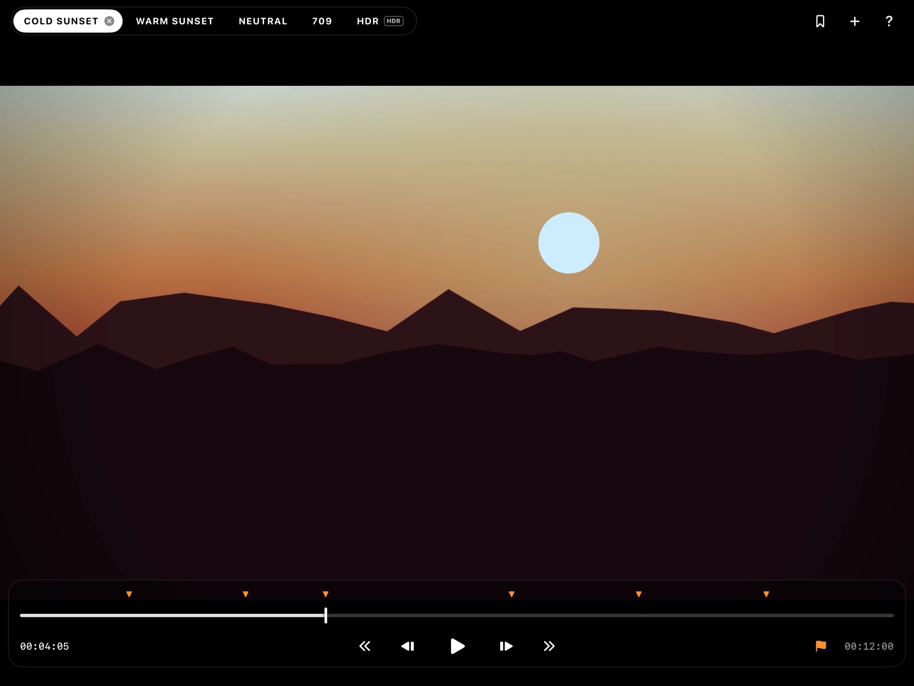 ColorWedge on iPad with five grade options as tabs above a sunset frame and a transport with hero-frame markers