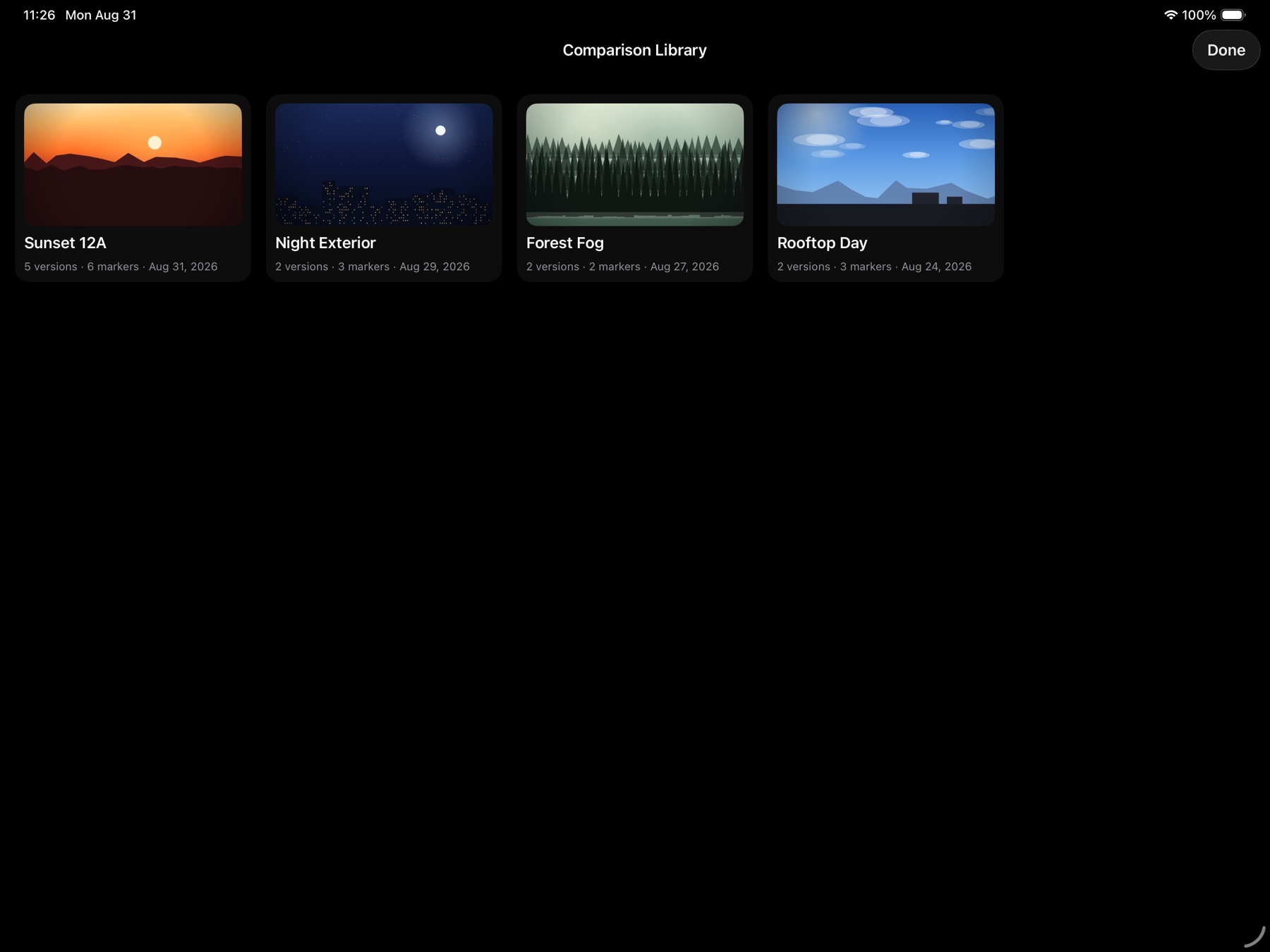 The ColorWedge comparison library: one card per shot with a thumbnail, version count, marker count and date