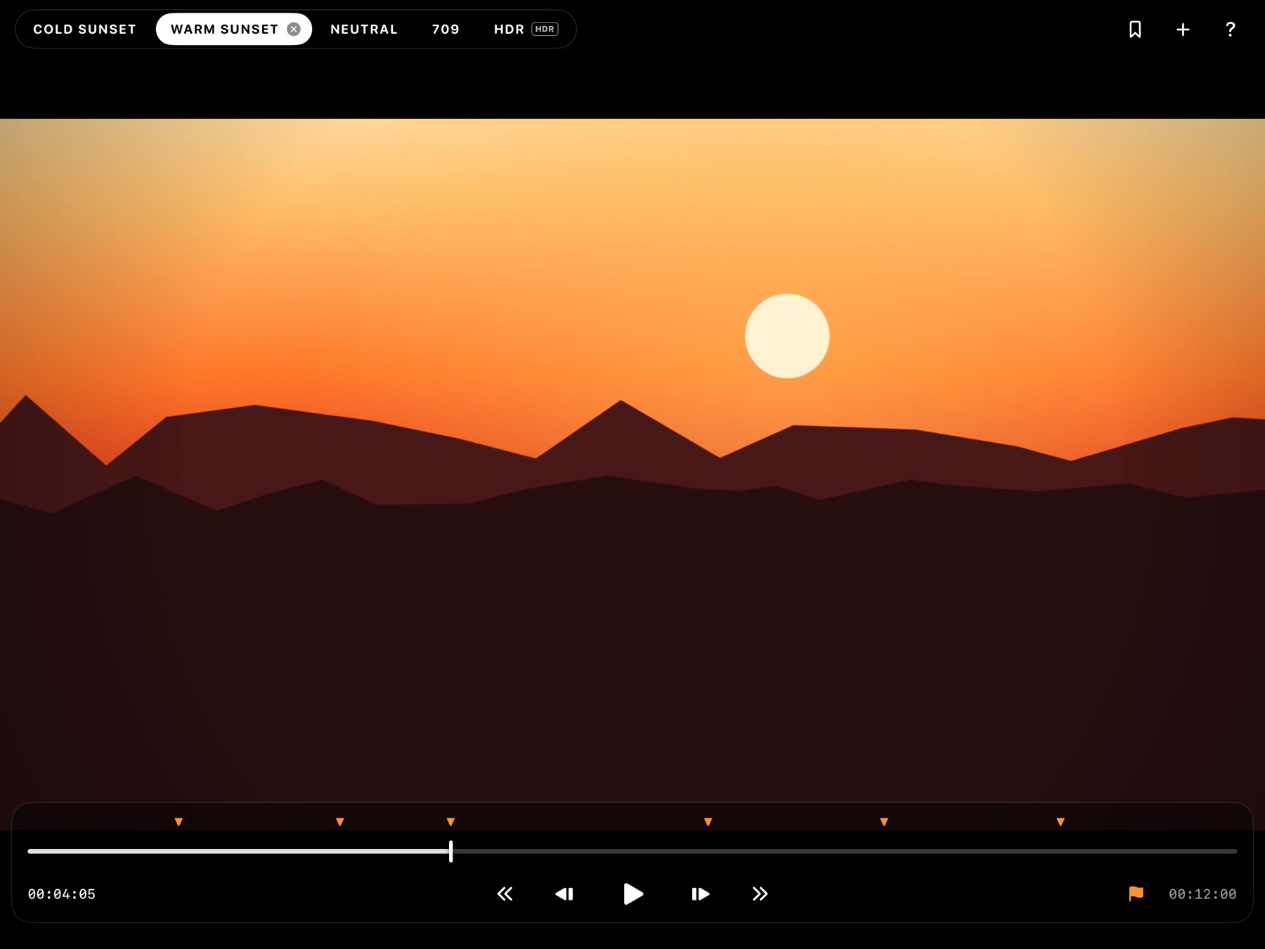 ColorWedge with five grade options as tabs, the warm pass on screen, and hero frames flagged on the transport