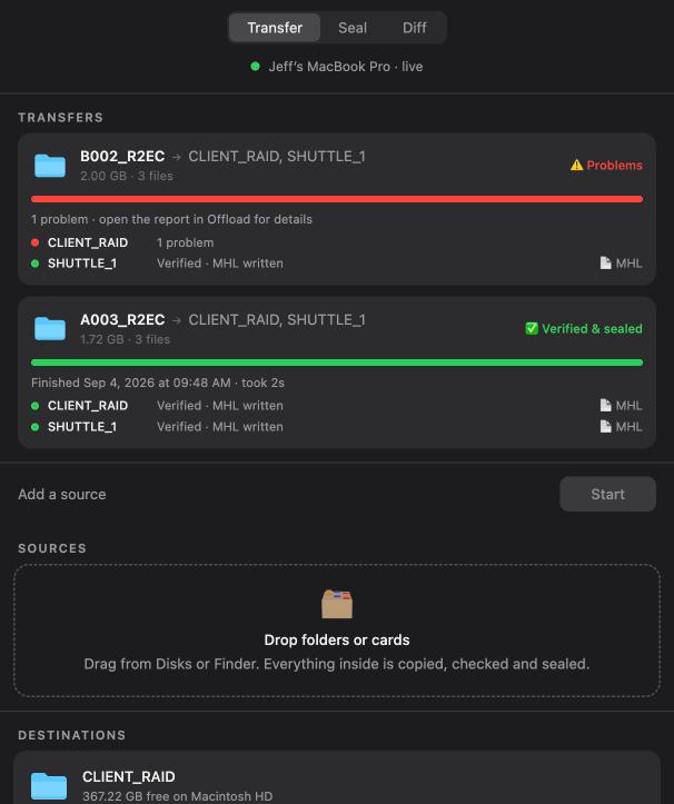 The Offload progress page on a phone, showing the same two transfers as the Mac window with one flagged as a problem