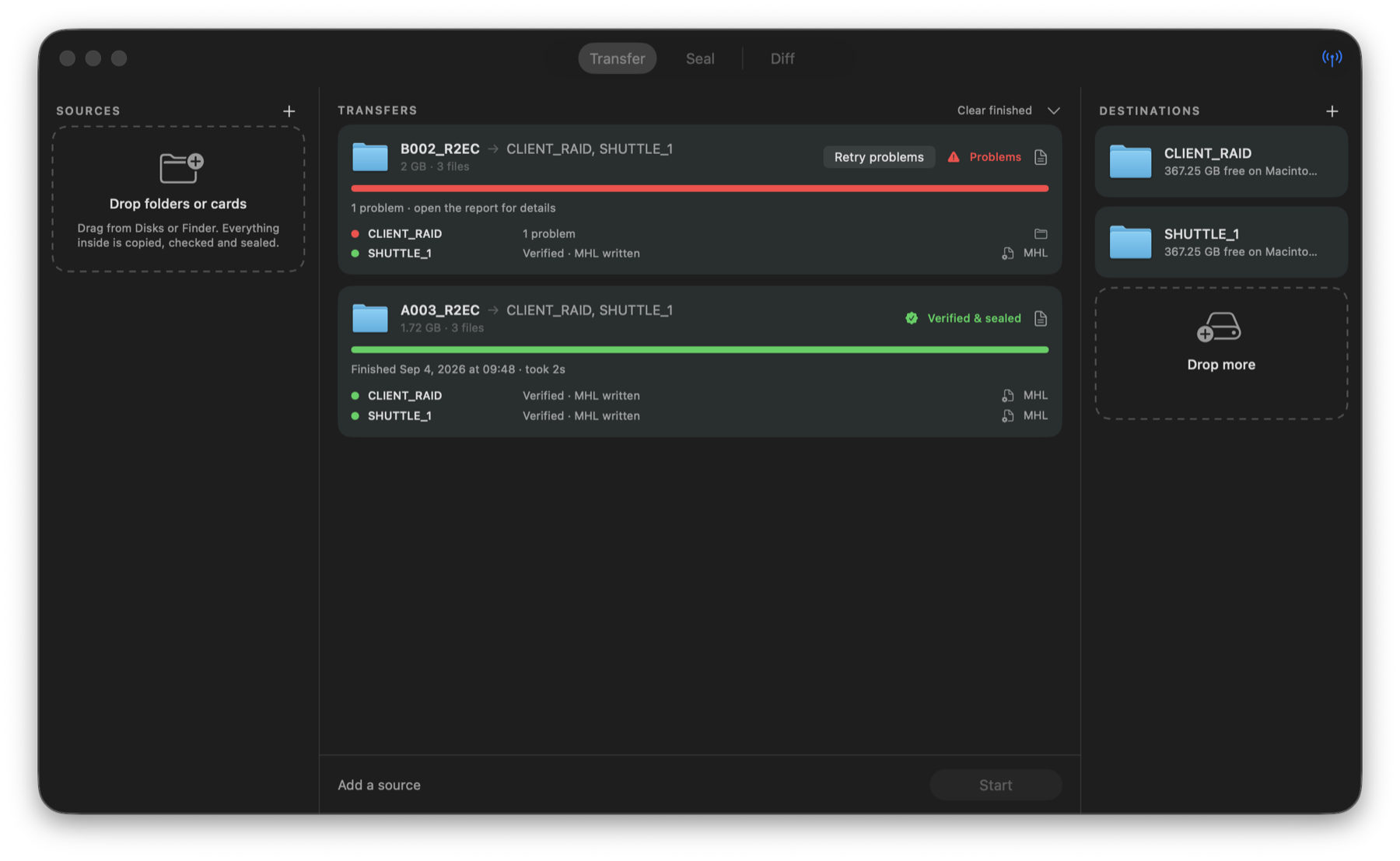 Offload on a Mac: two camera cards copied to CLIENT_RAID and SHUTTLE_1, one verified and sealed, one flagged with a problem on a drive and a Retry problems button
