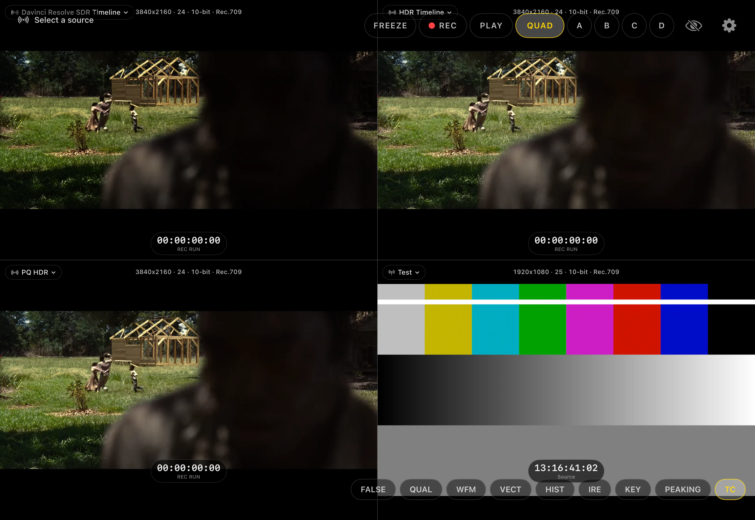 Parade Video on iPad showing four sources in a quad monitor with Freeze, Record, Play, Quad and A to D controls