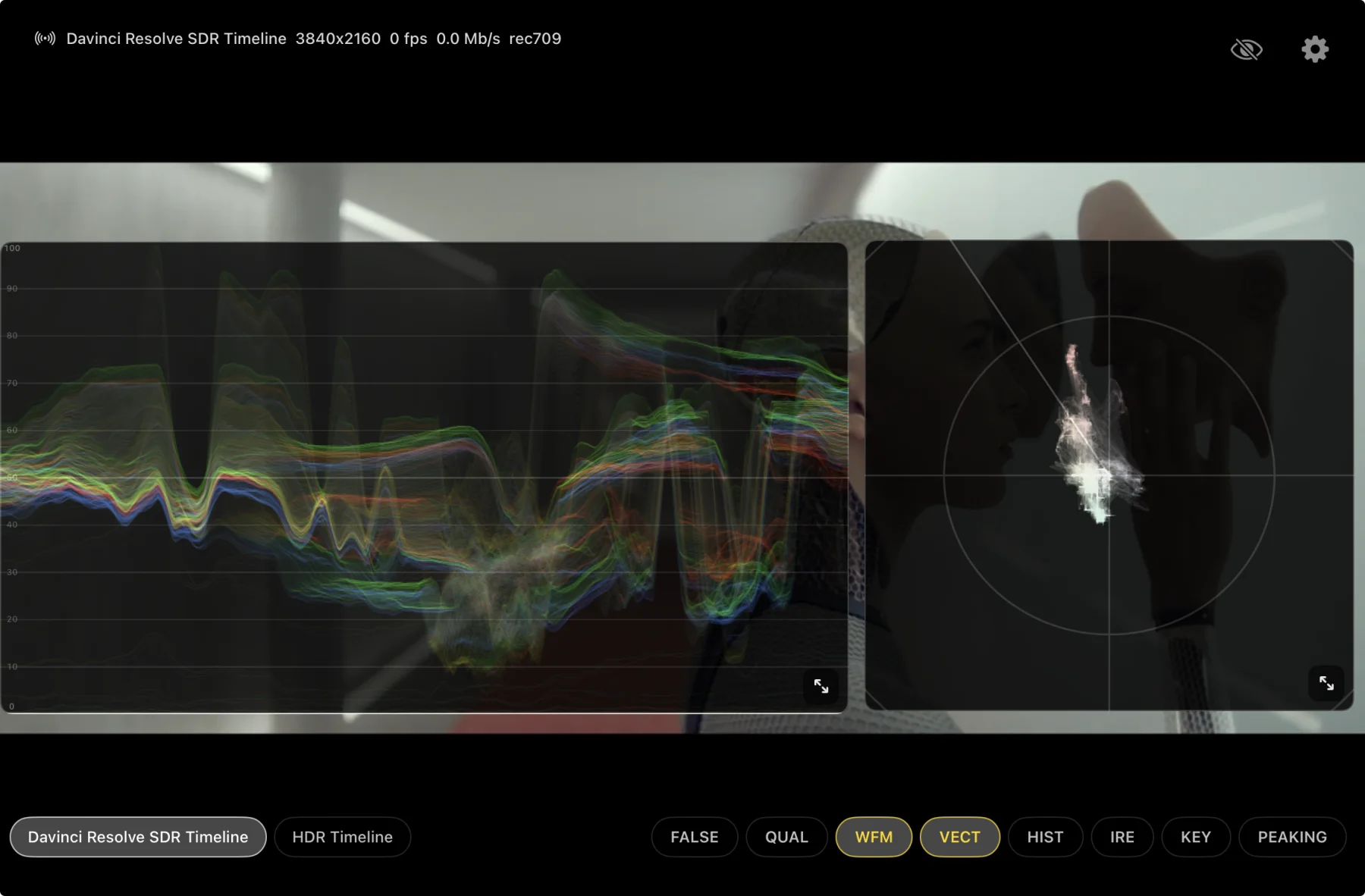 Parade Video with an RGB waveform and a vectorscope floating over a Resolve SDR timeline